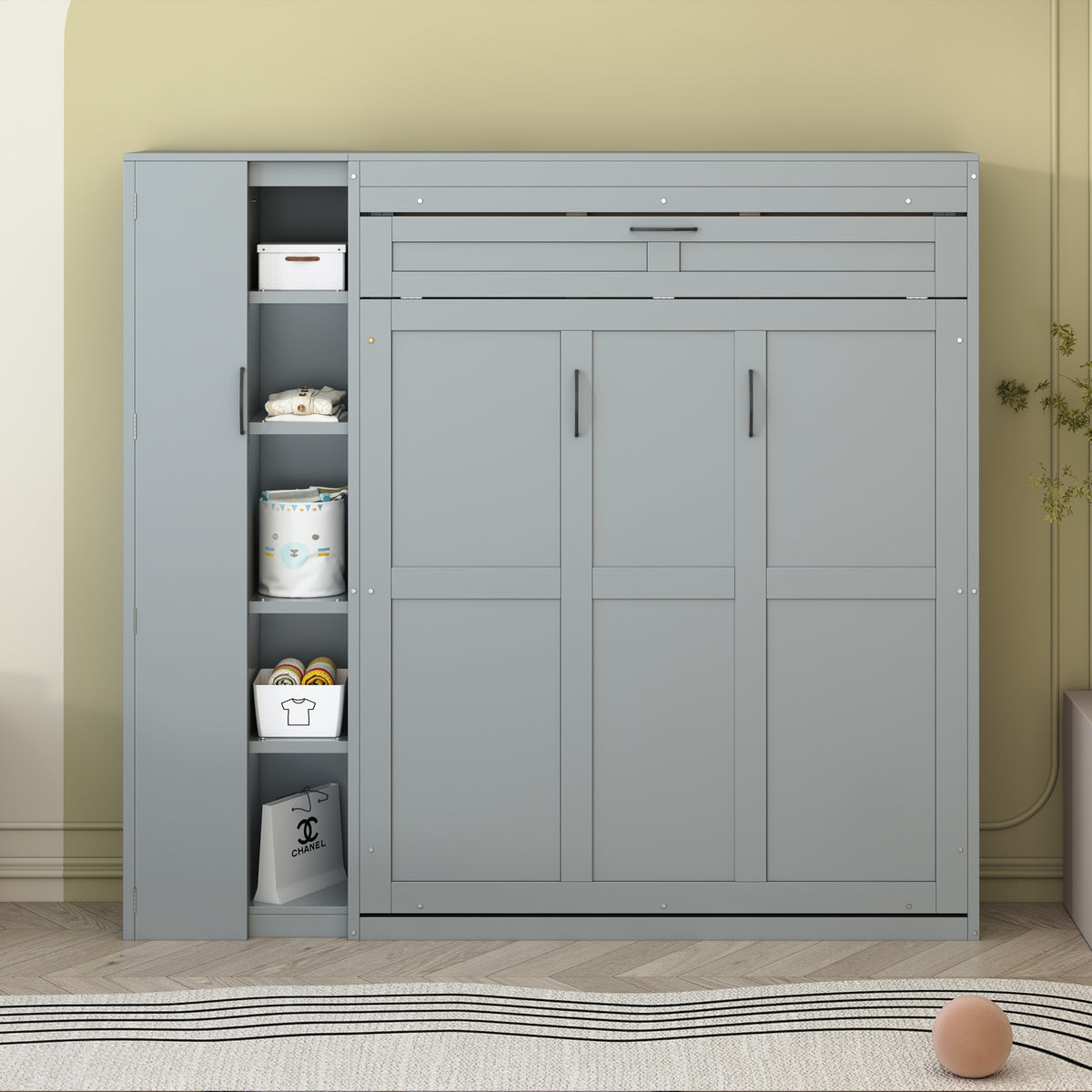Full Size Murphy Bed Wall Bed with Shelves, Wardrobe and LED Lights,Gray