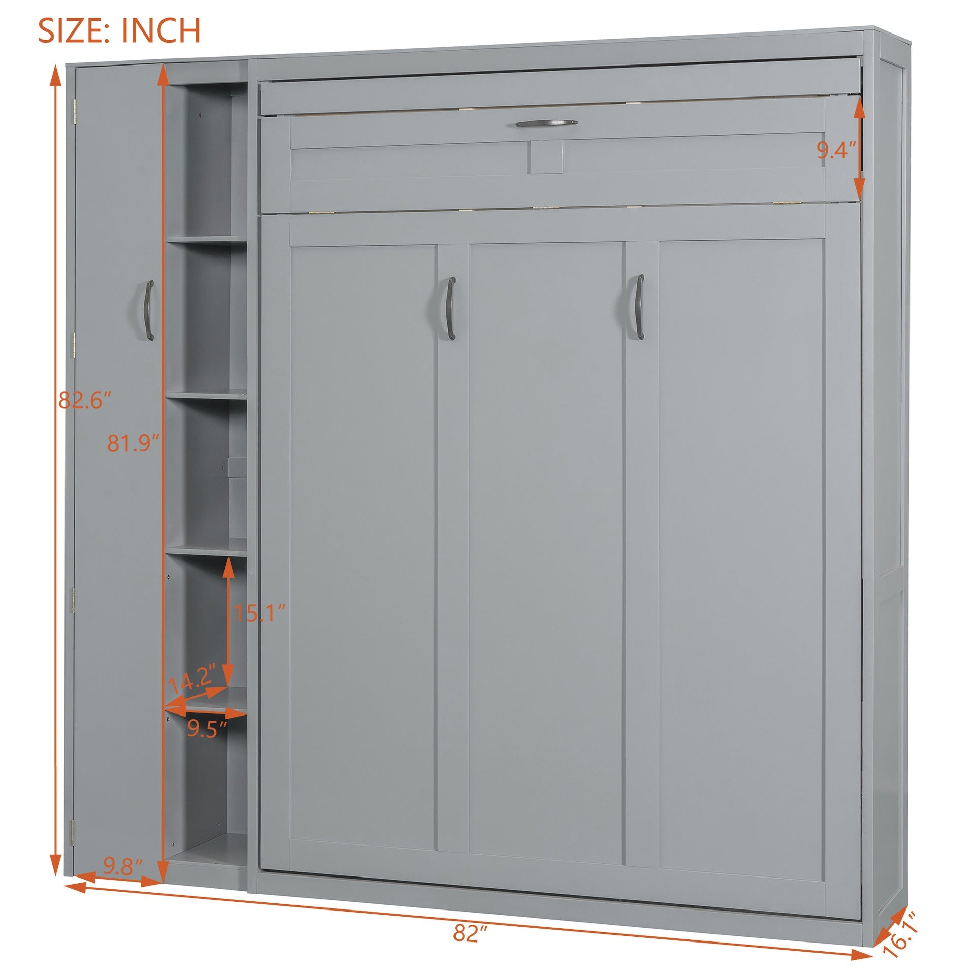 Full Size Murphy Bed Wall Bed with Shelves, Wardrobe and LED Lights,Gray