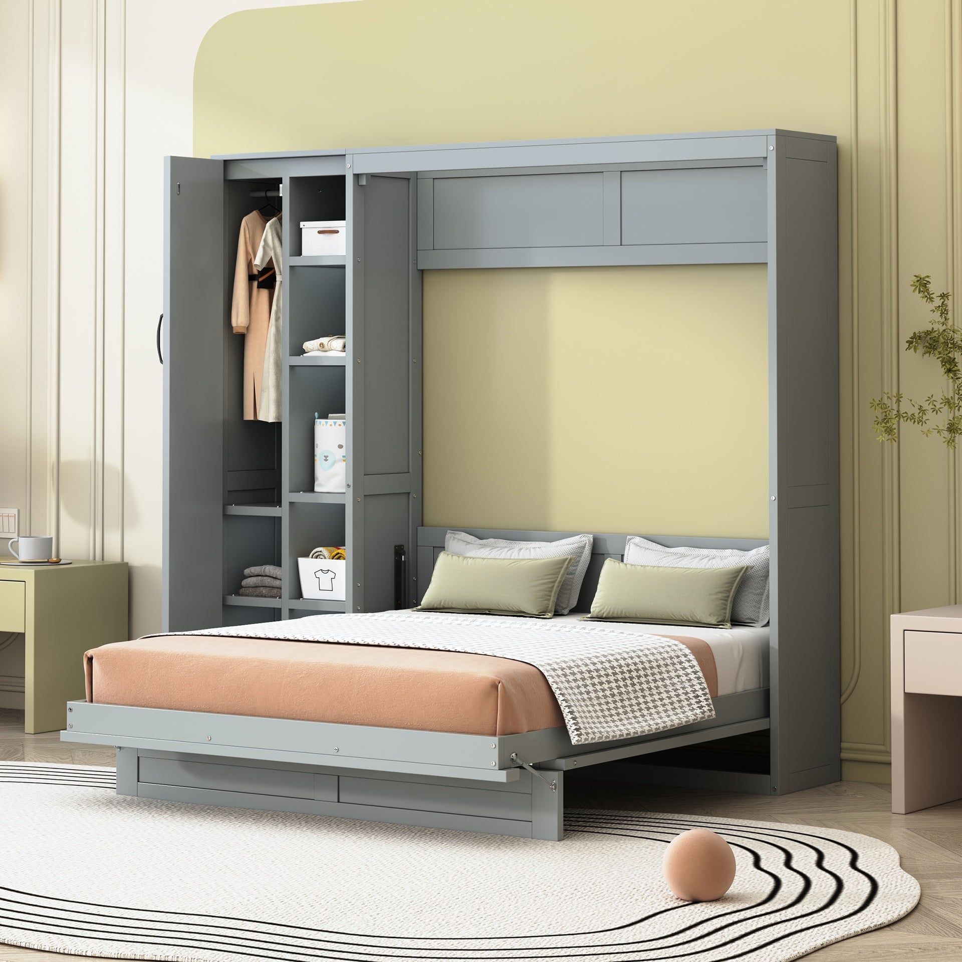 Full Size Murphy Bed Wall Bed with Shelves, Wardrobe and LED Lights,Gray