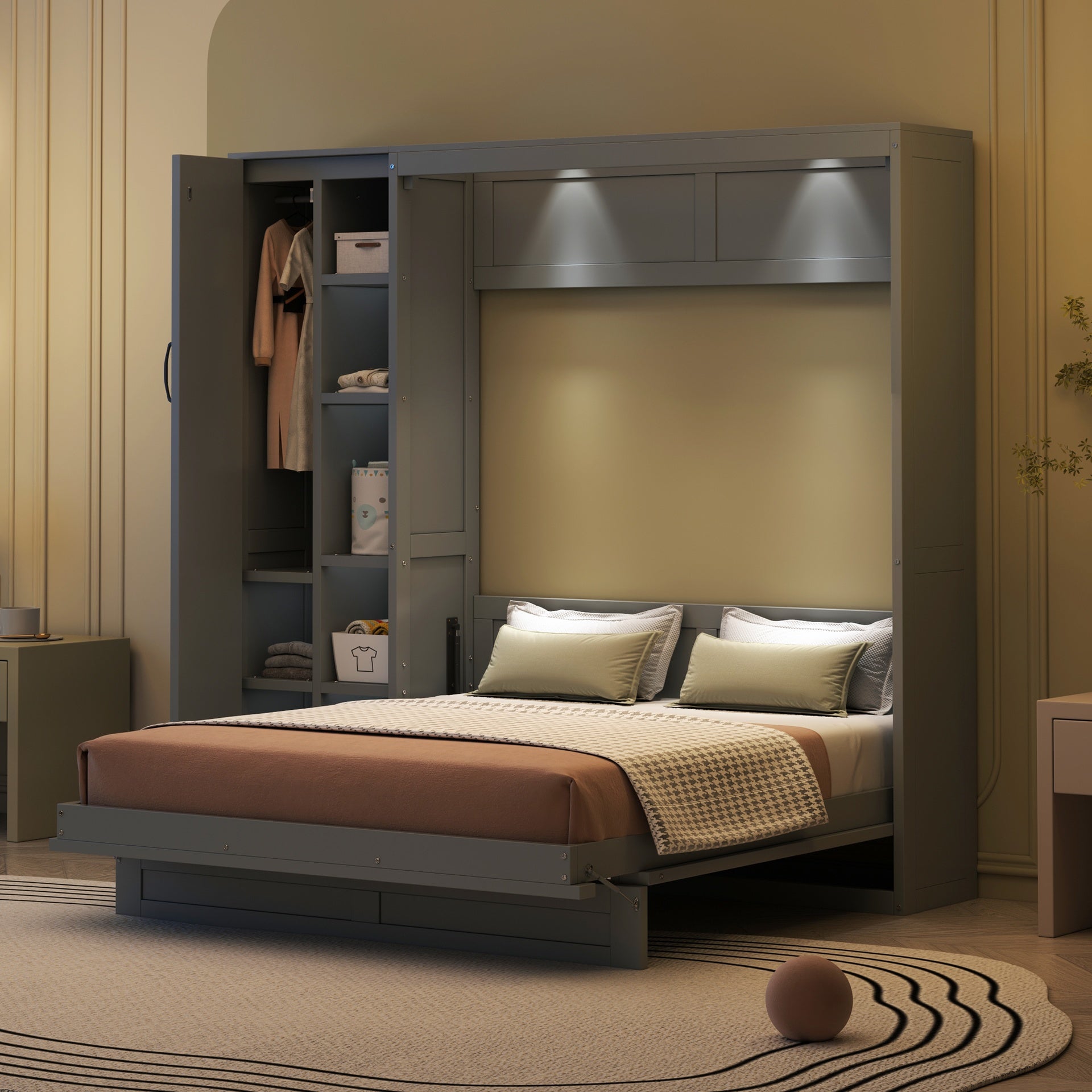 Full Size Murphy Bed Wall Bed with Shelves, Wardrobe and LED Lights,Gray