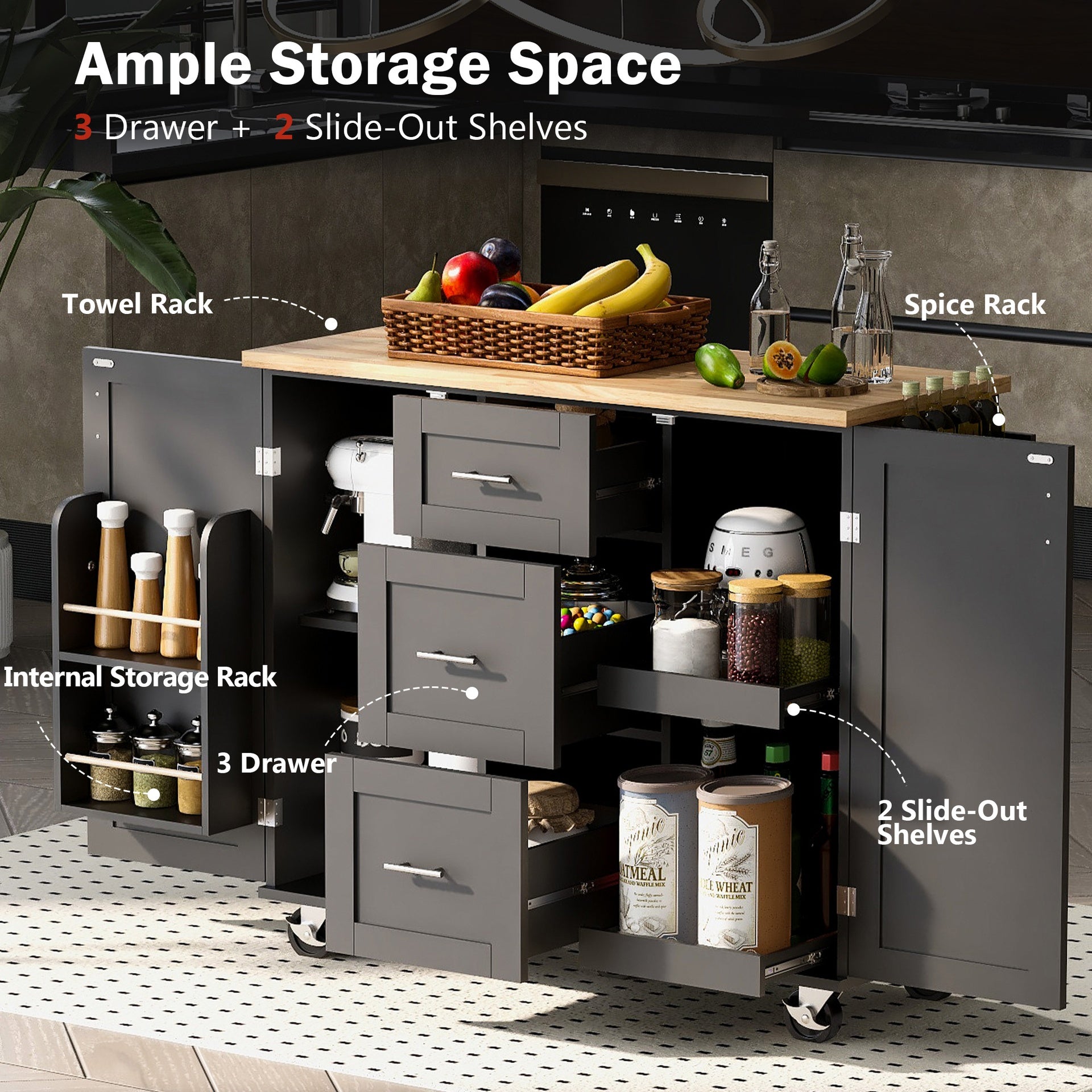K&K Rolling Kitchen Island with Storage, Kitchen Cart with Rubber Wood Top, 3 Drawer, 2 Slide-Out Shelf and Internal Storage Rack, Kitchen Island on Wheels with Spice Rack & Tower Rack, Black