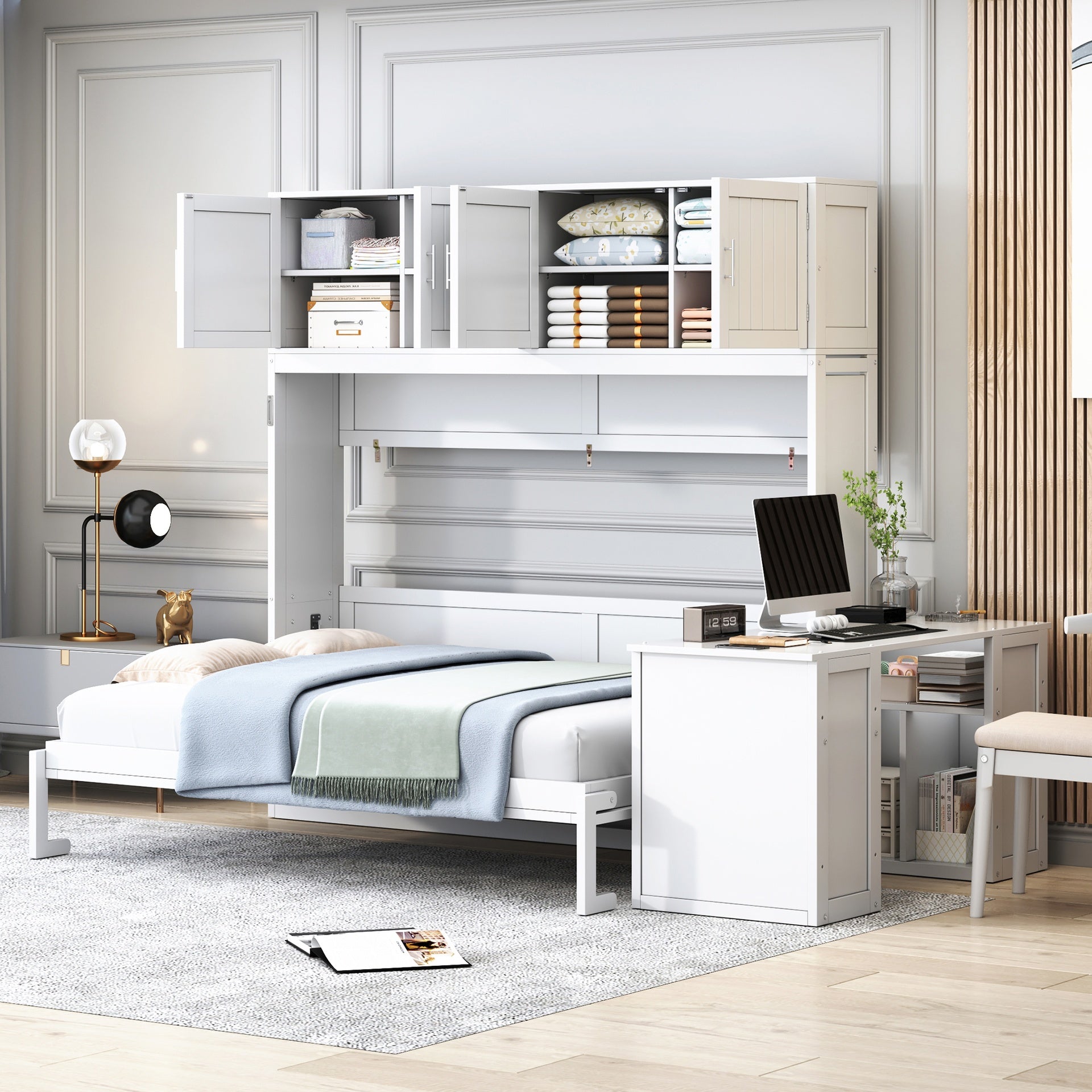 Queen Size Wall Murphy Bed with Desk and Storage Shelves and Big Cabinets, White(OLD SKU: N820S00034K)