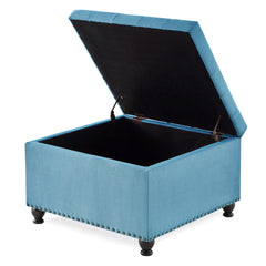 Large square storage ottoman with wooden legs, Upholstered button tufted coffee table with nail trims,Light Blue