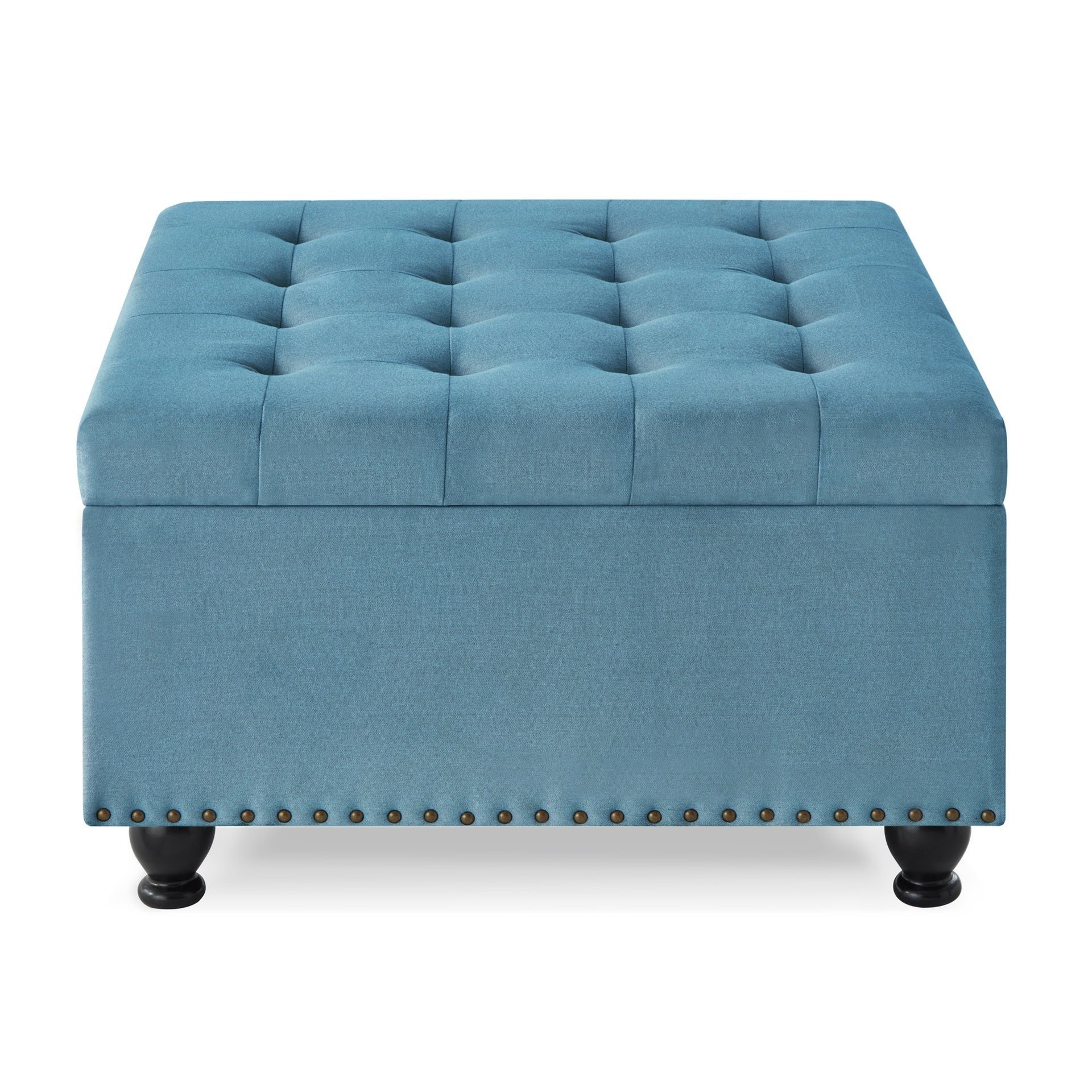 Large square storage ottoman with wooden legs, Upholstered button tufted coffee table with nail trims,Light Blue