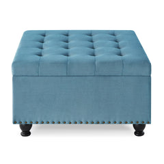 Large square storage ottoman with wooden legs, Upholstered button tufted coffee table with nail trims,Light Blue