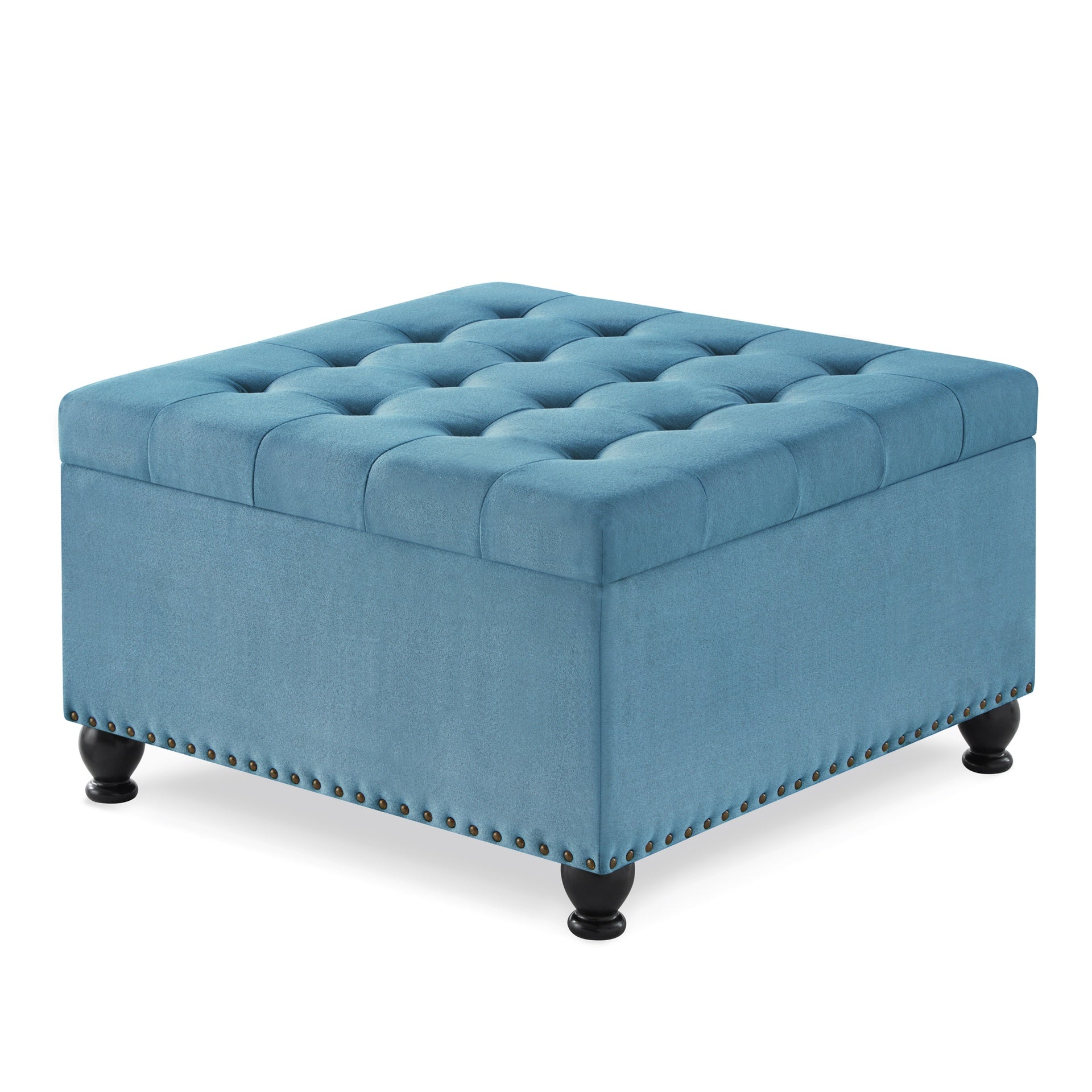 Large square storage ottoman with wooden legs, Upholstered button tufted coffee table with nail trims,Light Blue