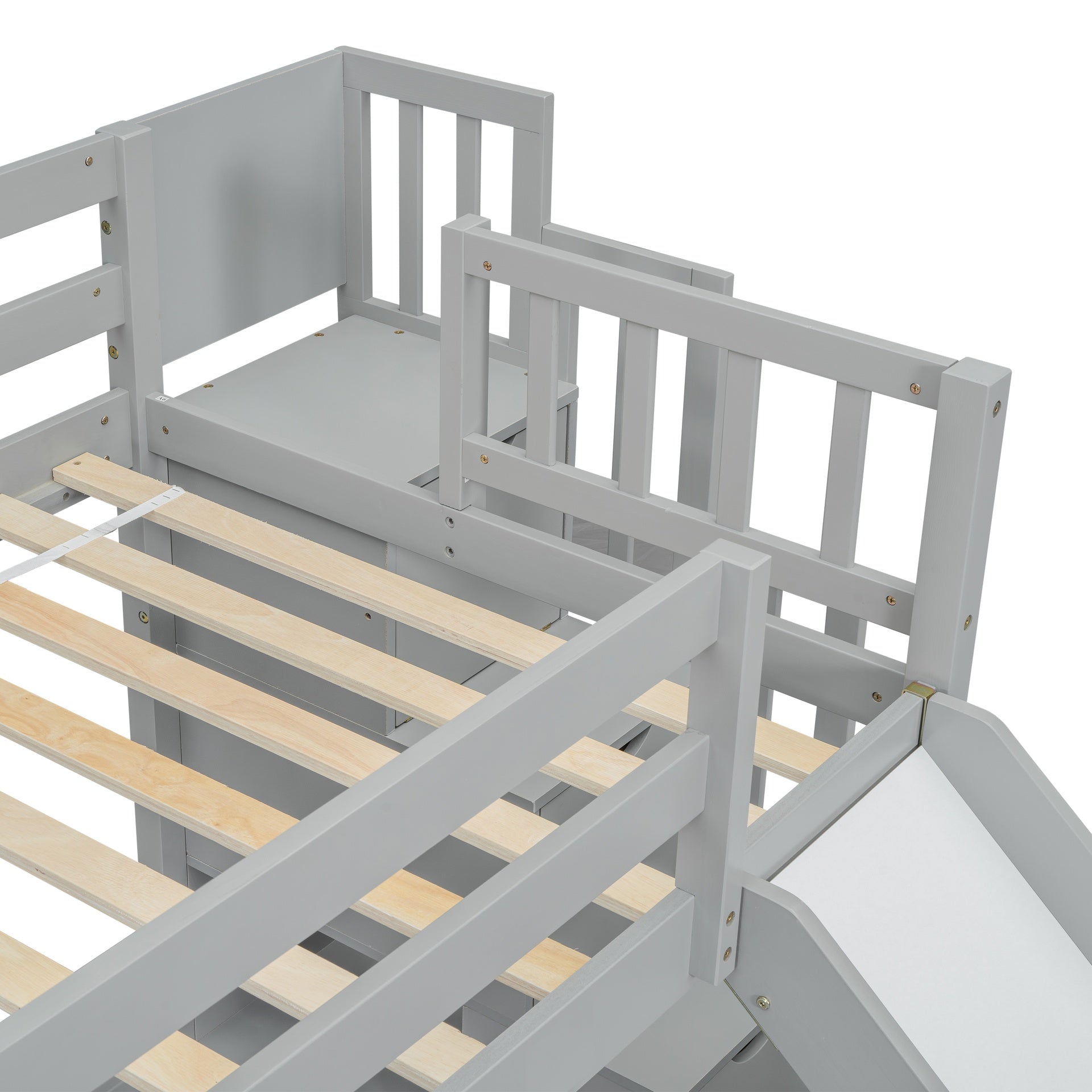 Twin Over Full Bunk Bed with Slide, Storage Staircase, Pine Solid Wooden Bunk Bed with Safety Guardrails ,Grey