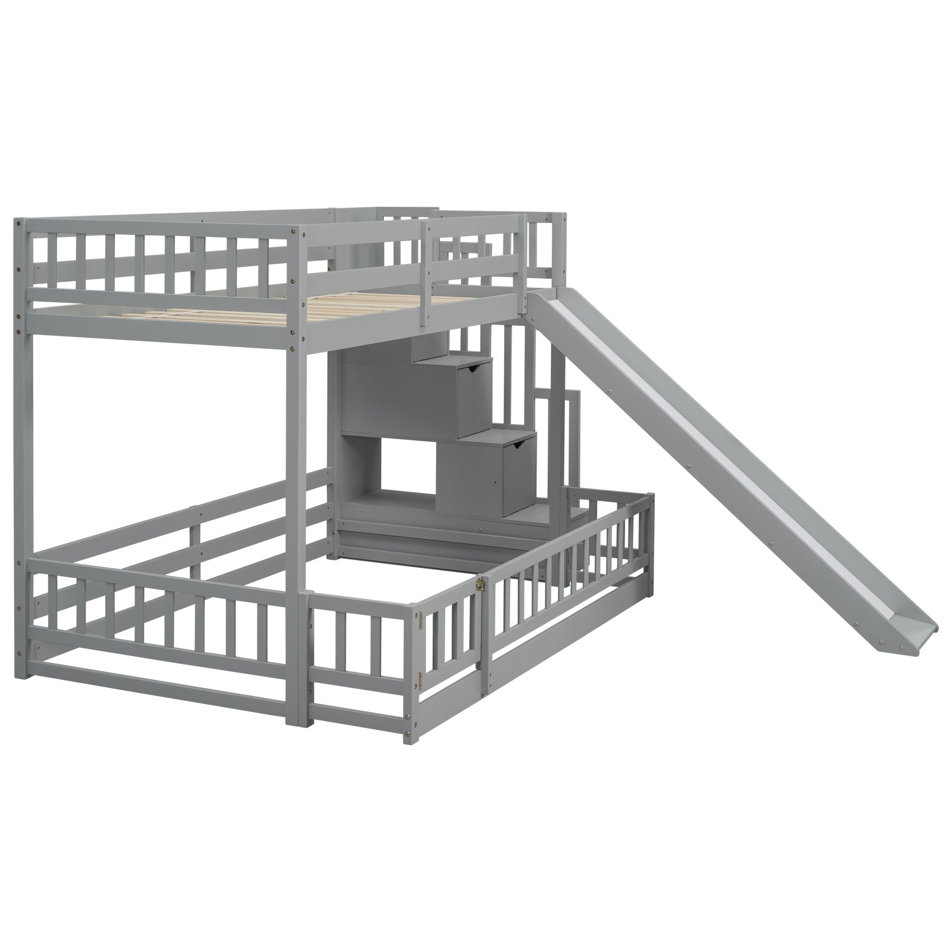 Twin Over Full Bunk Bed with Slide, Storage Staircase, Pine Solid Wooden Bunk Bed with Safety Guardrails ,Grey