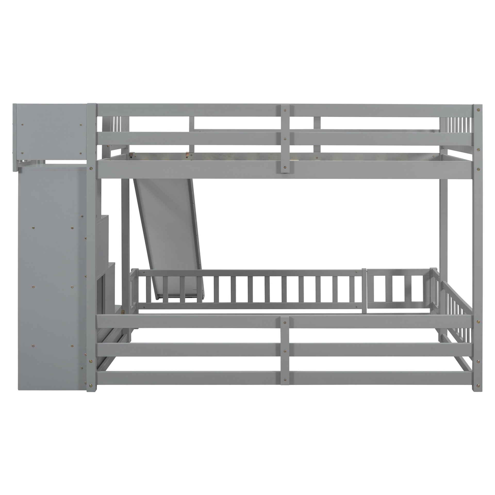 Twin Over Full Bunk Bed with Slide, Storage Staircase, Pine Solid Wooden Bunk Bed with Safety Guardrails ,Grey
