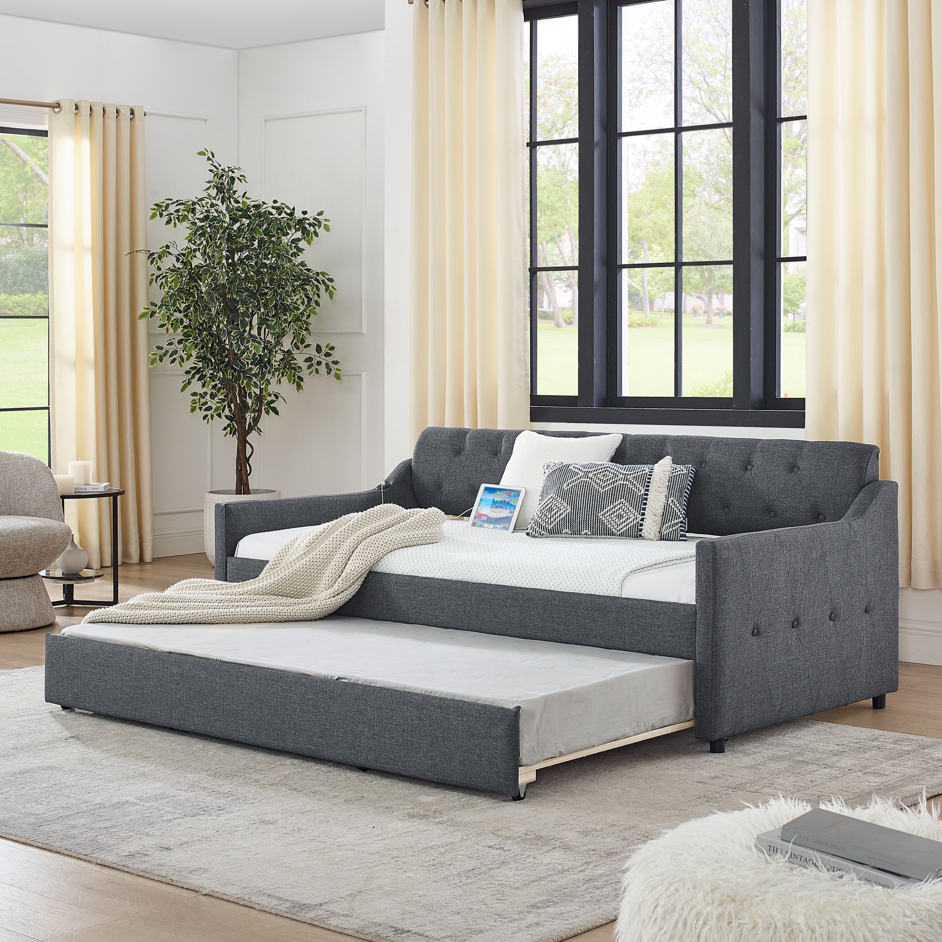 Twin Size Upholstery DayBed with Twin Size Erectable Trundle and USB Charging Design, Linen Dark Gray