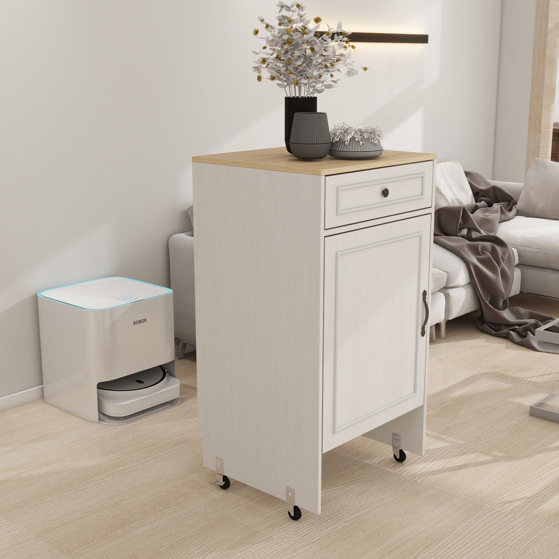 Robot Vacuum Stand Cabinet with Wheels, Sweeping Robot Storage Rack with Doors and Drawers, Side Table for Living Room, Home Office, Kitchen-Antique White