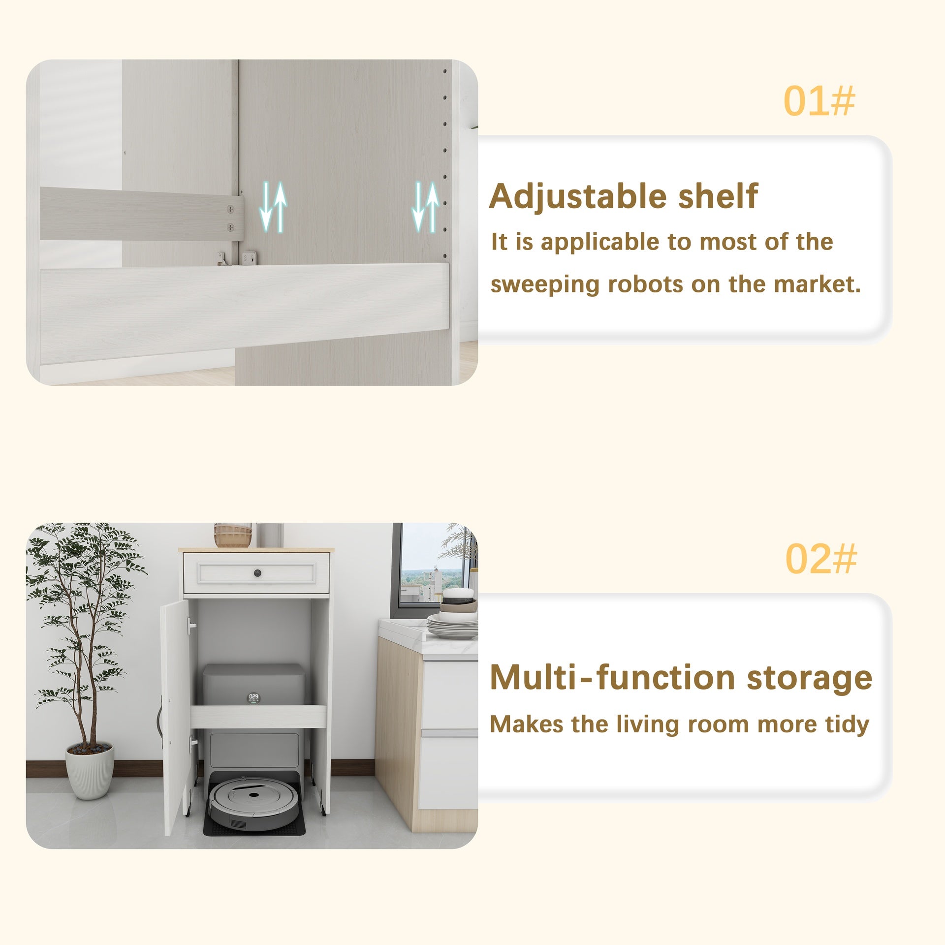 Robot Vacuum Stand Cabinet with Wheels, Sweeping Robot Storage Rack with Doors and Drawers, Side Table for Living Room, Home Office, Kitchen-Antique White