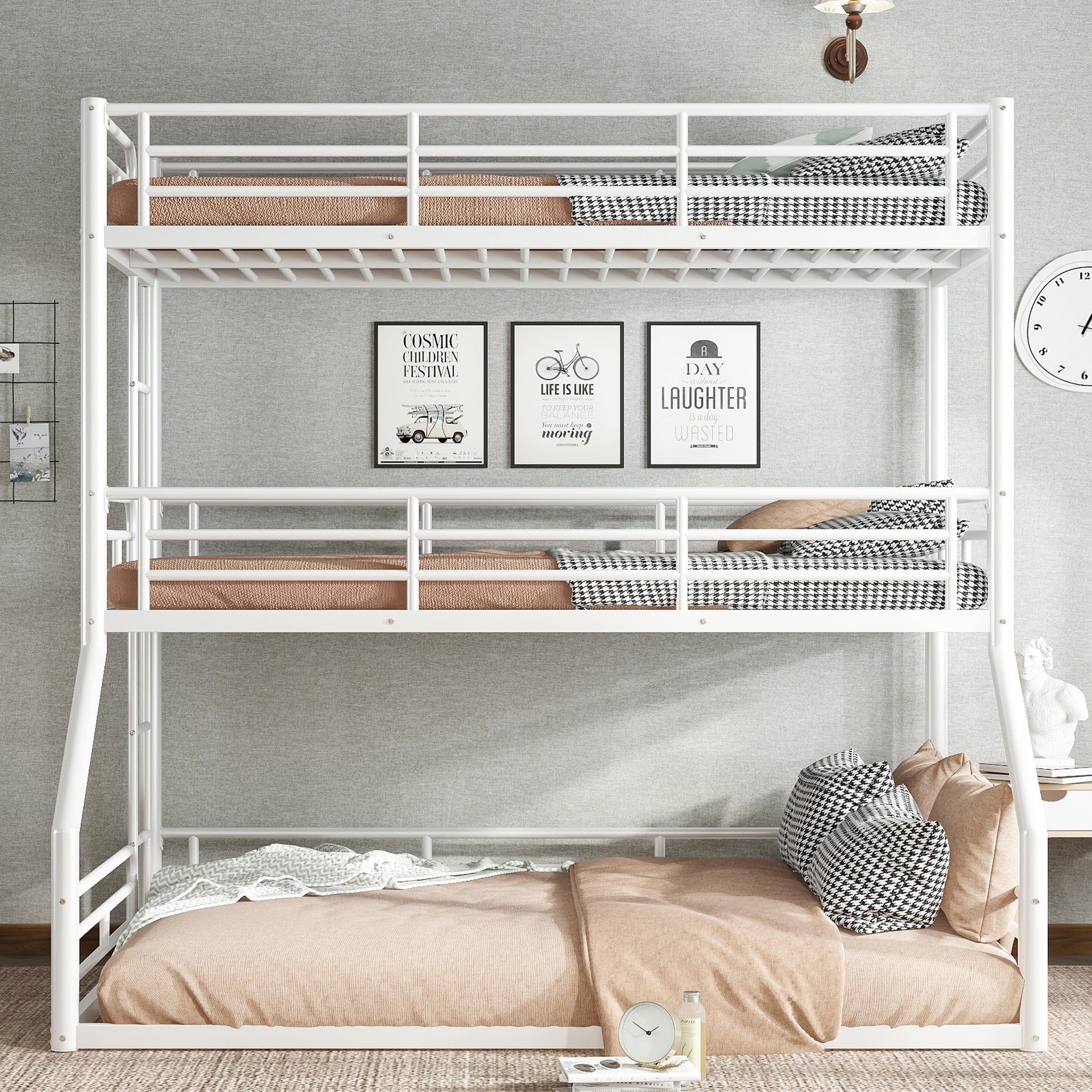 Twin over Twin over Full Bunk Bed, Metal Triple Bunk Bed with Safety Guardrails, Heavy-duty Bunk Bed with Noise-reduced Design, White
