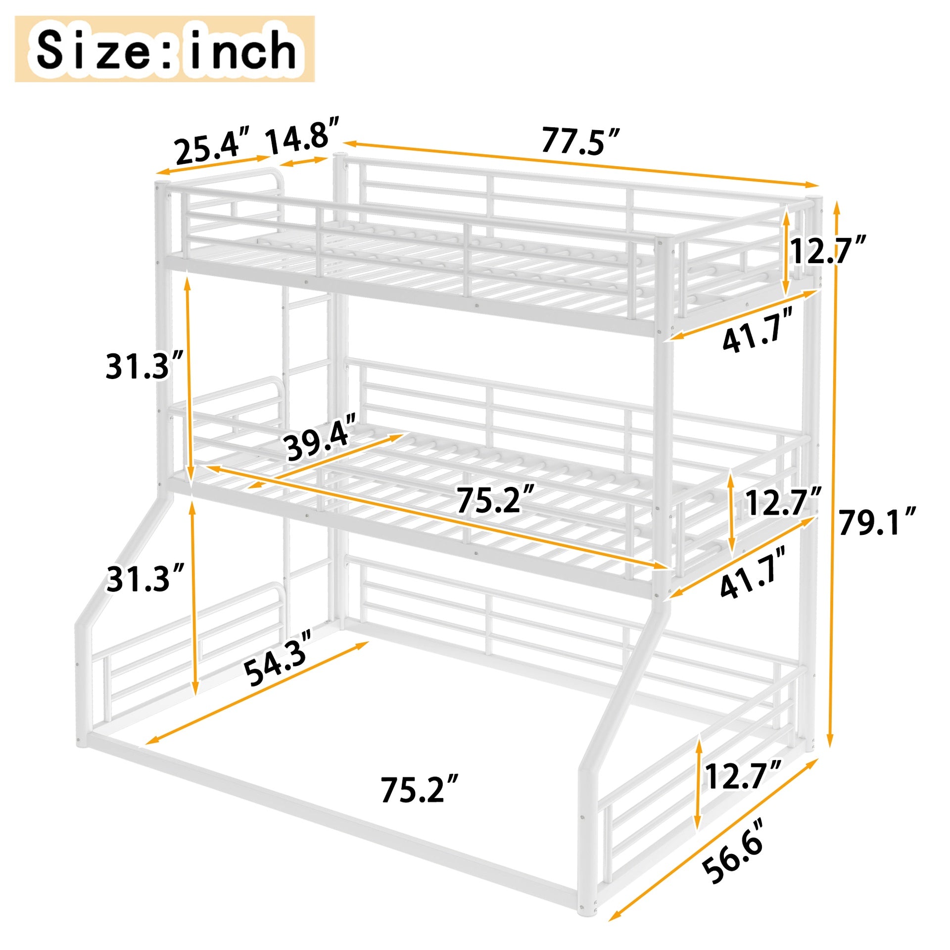 Twin over Twin over Full Bunk Bed, Metal Triple Bunk Bed with Safety Guardrails, Heavy-duty Bunk Bed with Noise-reduced Design, White