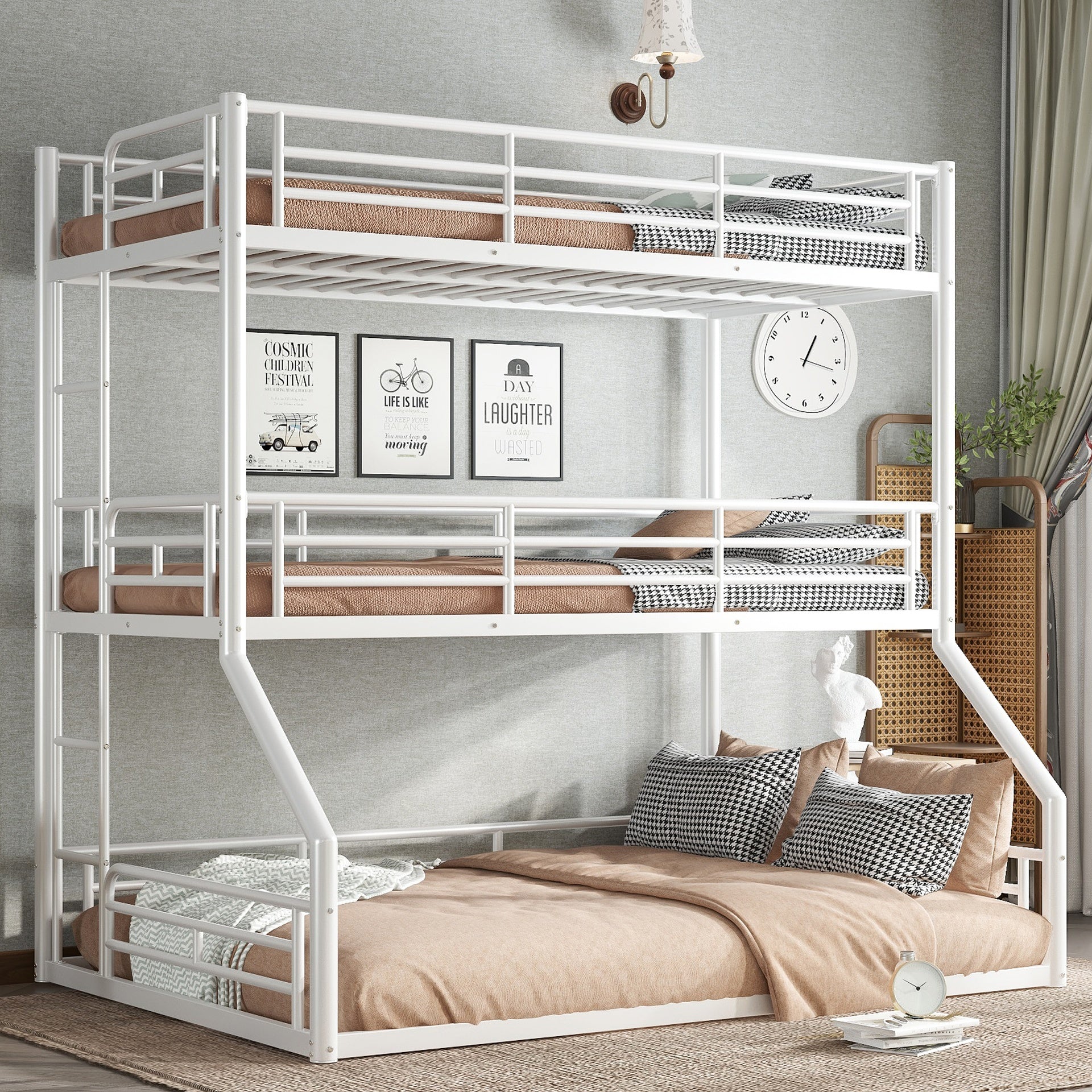 Twin over Twin over Full Bunk Bed, Metal Triple Bunk Bed with Safety Guardrails, Heavy-duty Bunk Bed with Noise-reduced Design, White