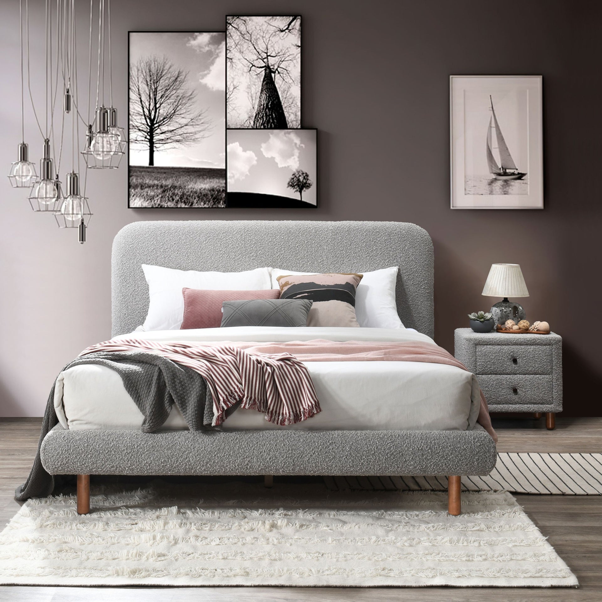 Grey Boucle 2-Drawer Upholstered Nightstand