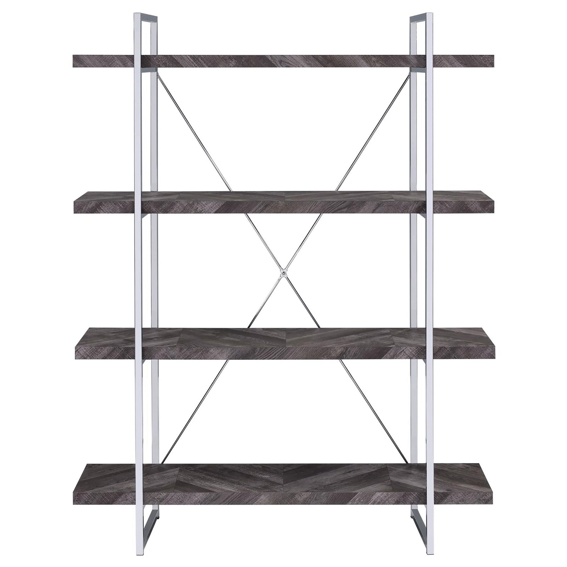 Rustic Grey Herringbone Bookcase with Full-Length Shelf