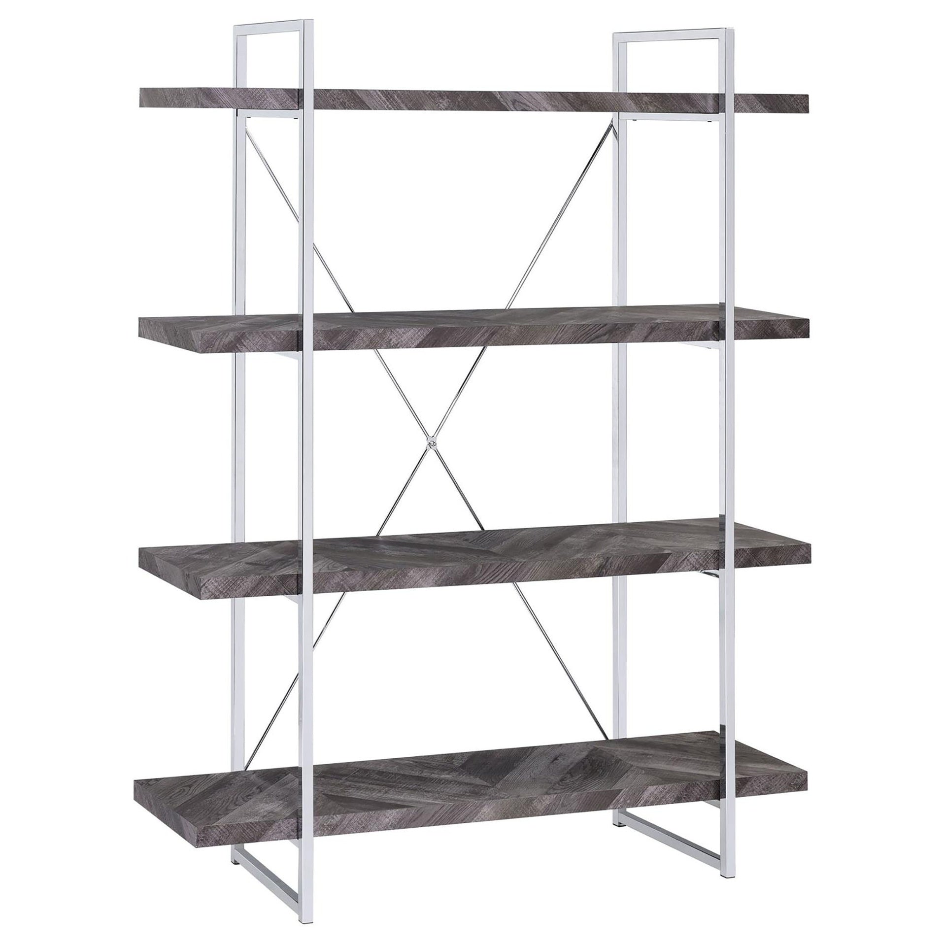 Rustic Grey Herringbone Bookcase with Full-Length Shelf