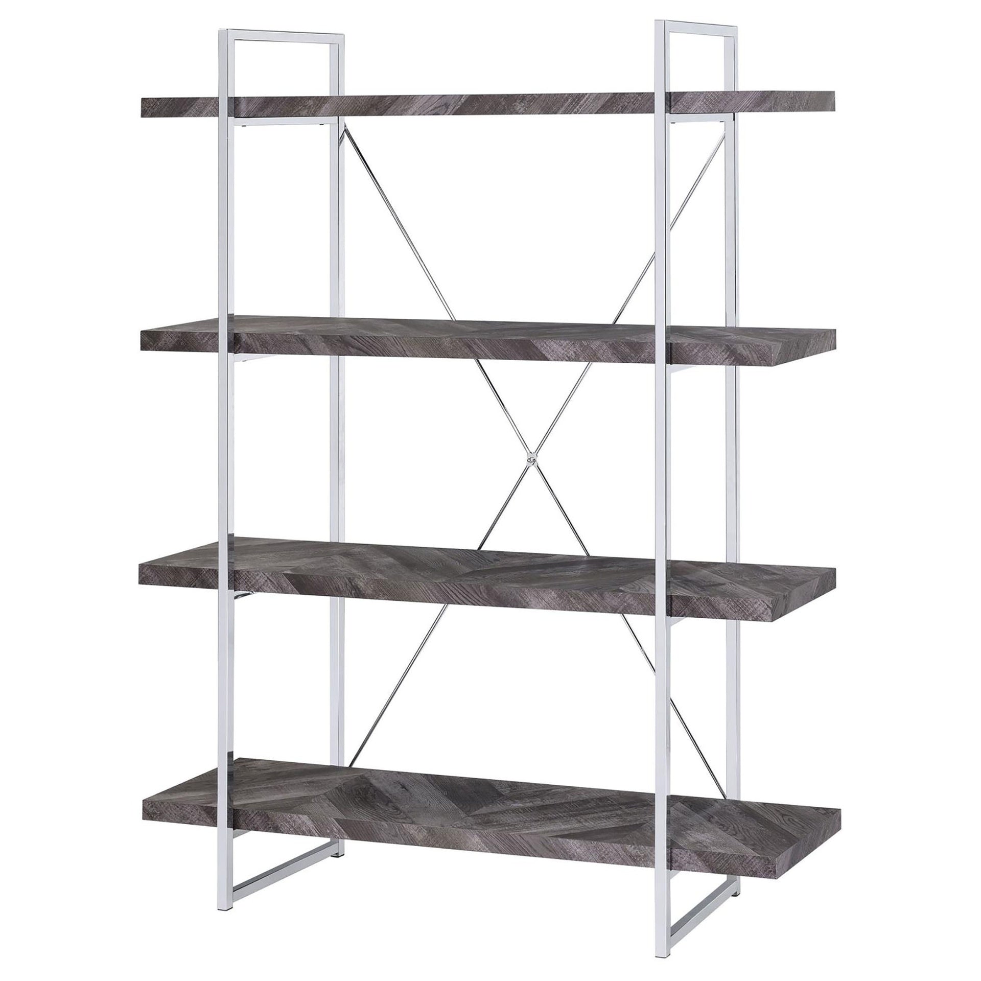Rustic Grey Herringbone Bookcase with Full-Length Shelf