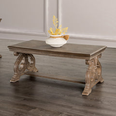 1pc Coffee Table Traditional Style Curved Scroll Legs Carved Design Weather Oak Finish