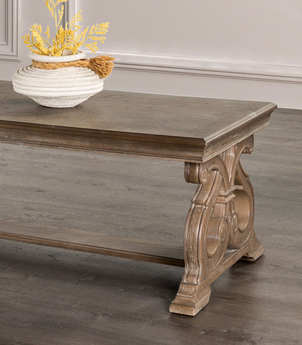 1pc Coffee Table Traditional Style Curved Scroll Legs Carved Design Weather Oak Finish