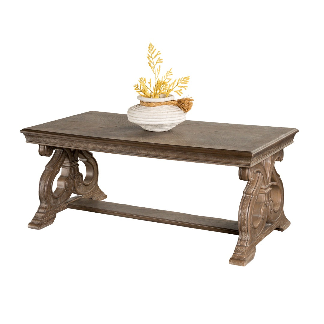 1pc Coffee Table Traditional Style Curved Scroll Legs Carved Design Weather Oak Finish