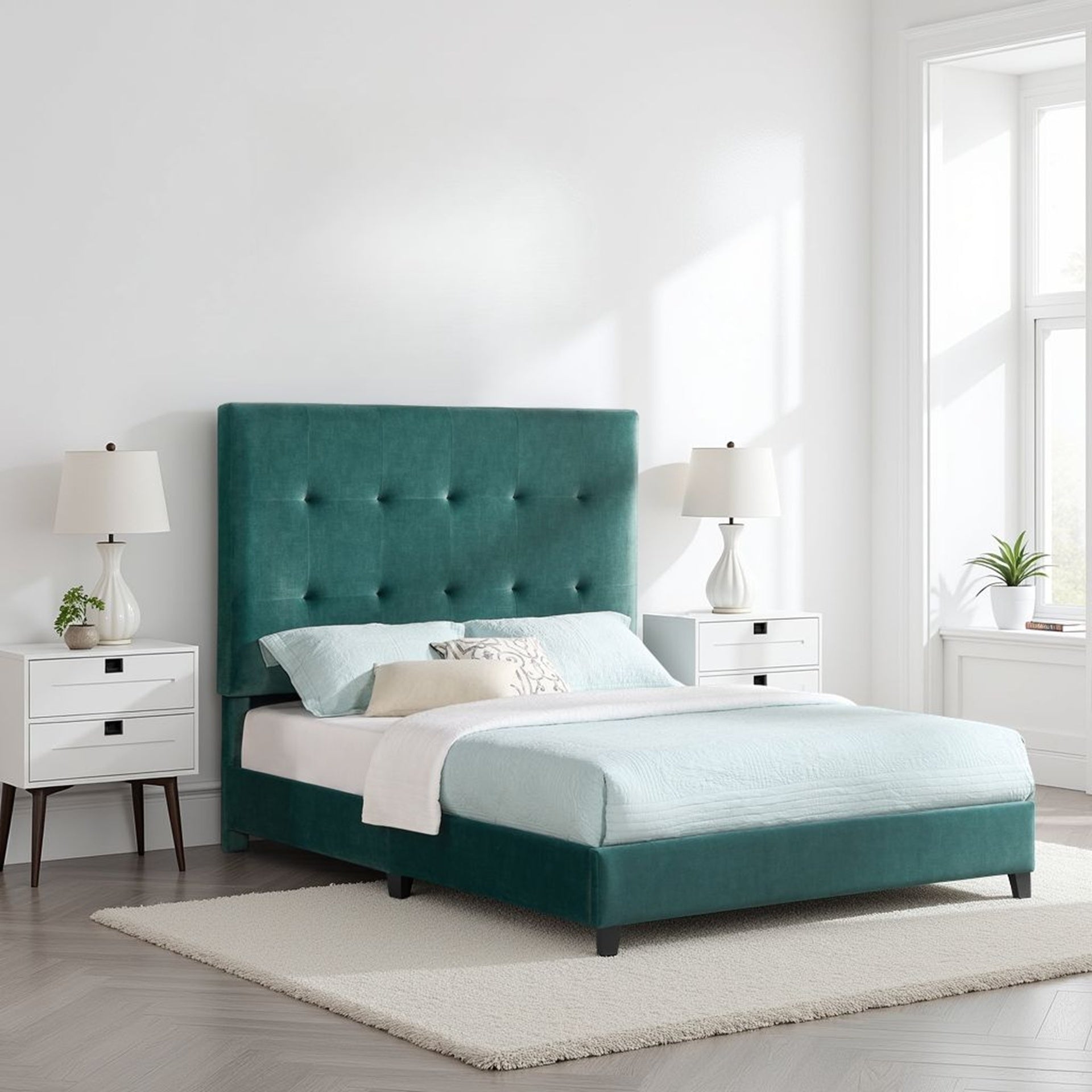 Queen Size Green Velvet Tufted Upholstered Platform Bed