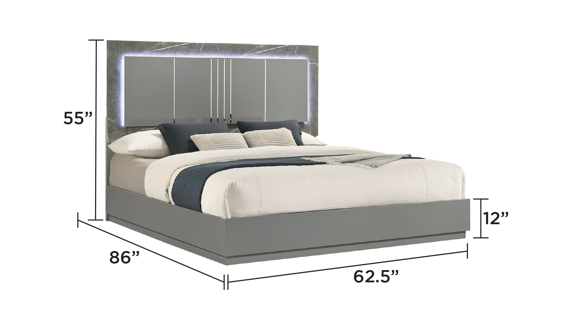 Elara Queen 4-Piece Set – Two-Tone High-Gloss Marble & Lacquer Finish with LED Lighting, Metal-Finished Legs- Gray (CA Inventory)