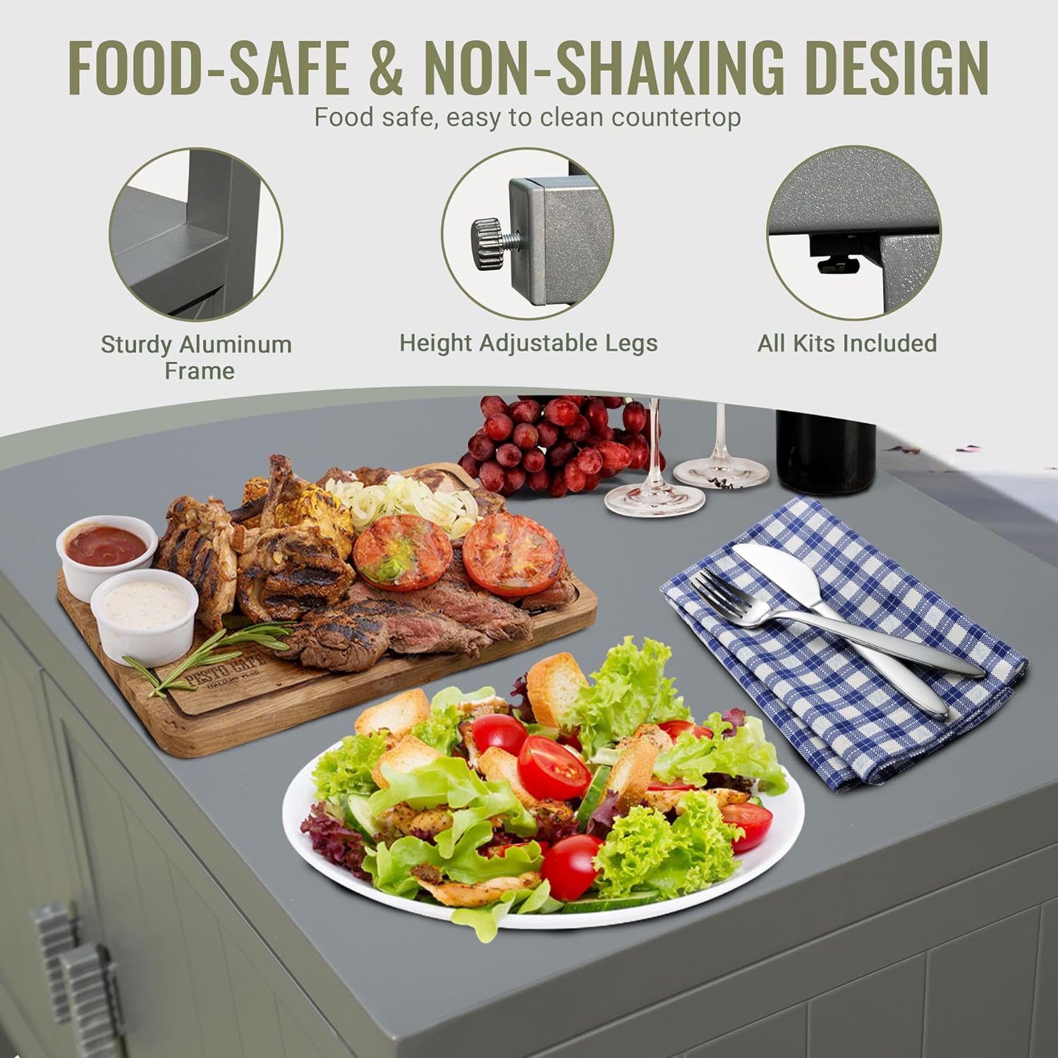 Outdoor Kitchen Island with Storage, Aluminum Kitchen Storage Island Outdoor Grill Table, Freestanding Outdoor Prep Table Grill Storage Cabinet with Protective Cover for BBQ, Deck, Patio