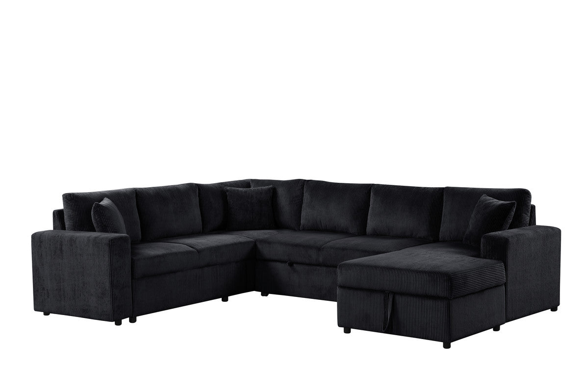 Rinaldo 123"W Black Corduroy Sleeper Sectional Sofa with Right-Facing Storage Chaise and Throw Pillows