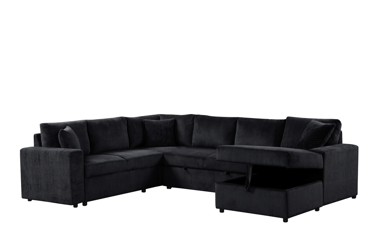 Rinaldo 123"W Black Corduroy Sleeper Sectional Sofa with Right-Facing Storage Chaise and Throw Pillows