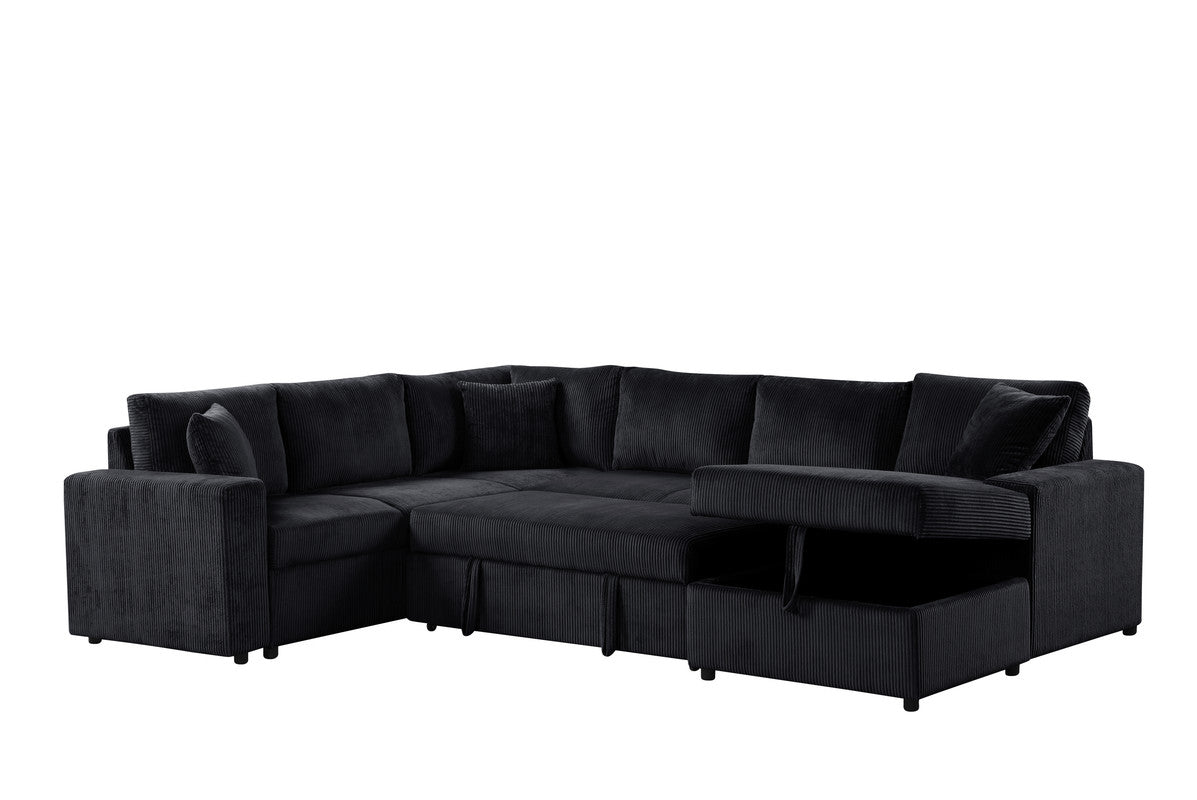 Rinaldo 123"W Black Corduroy Sleeper Sectional Sofa with Right-Facing Storage Chaise and Throw Pillows