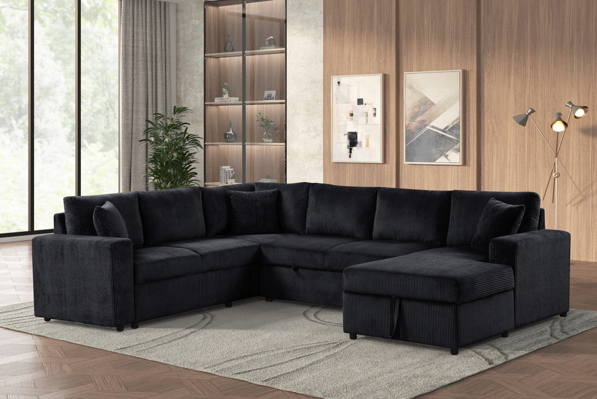Rinaldo 123"W Black Corduroy Sleeper Sectional Sofa with Right-Facing Storage Chaise and Throw Pillows