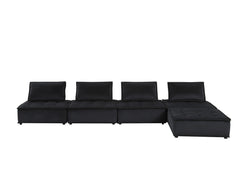 Aveline 120"W Black Velvet 5 Pc Sectional Sofa Ottoman