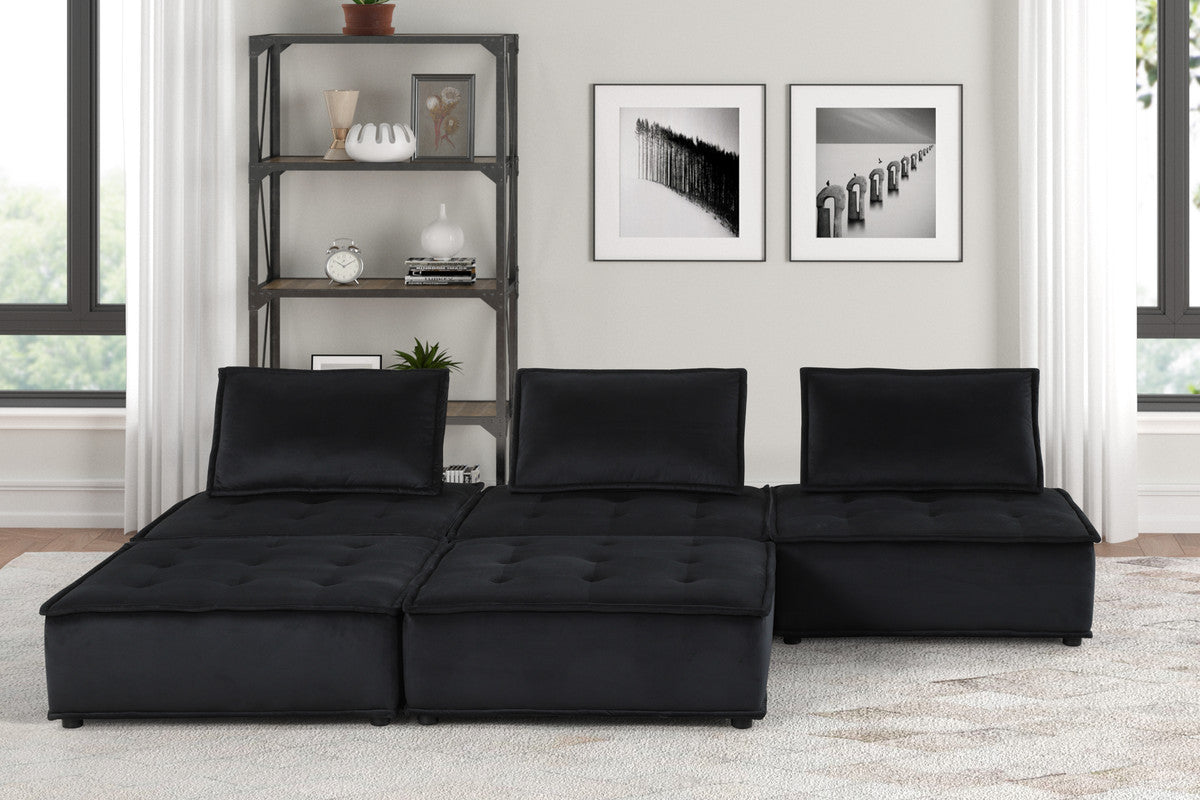 Aveline 120"W Black Velvet 5 Pc Sectional Sofa Ottoman