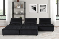 Aveline 120"W Black Velvet 5 Pc Sectional Sofa Ottoman