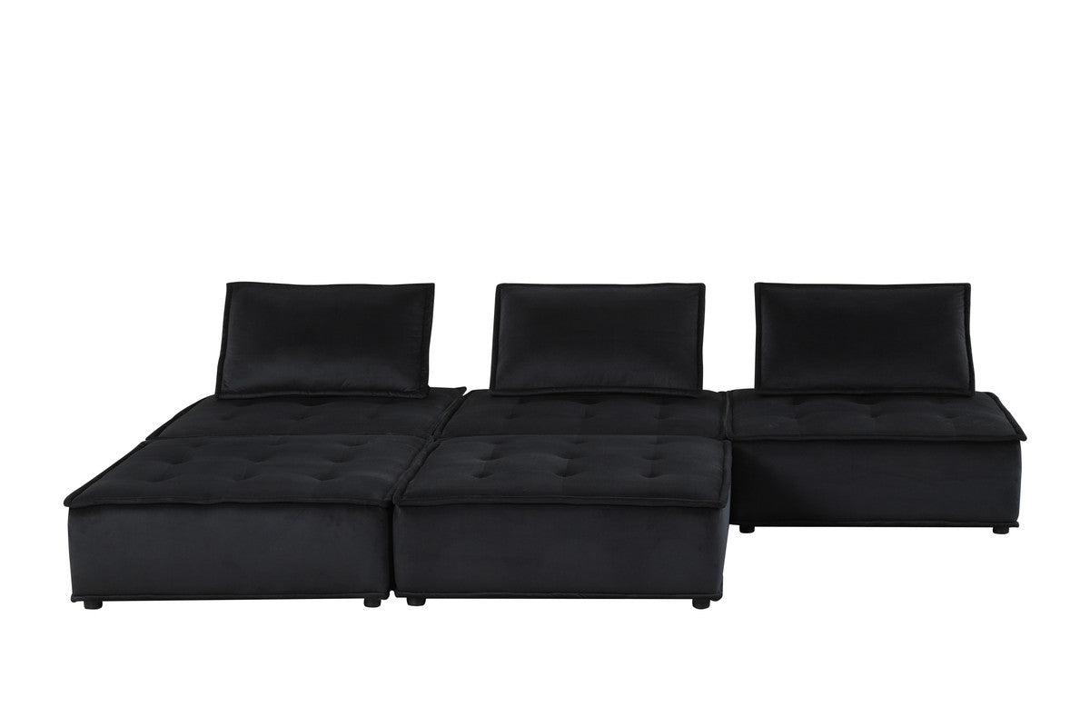 Aveline 120"W Black Velvet 5 Pc Sectional Sofa Ottoman