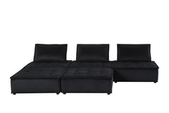 Aveline 120"W Black Velvet 5 Pc Sectional Sofa Ottoman