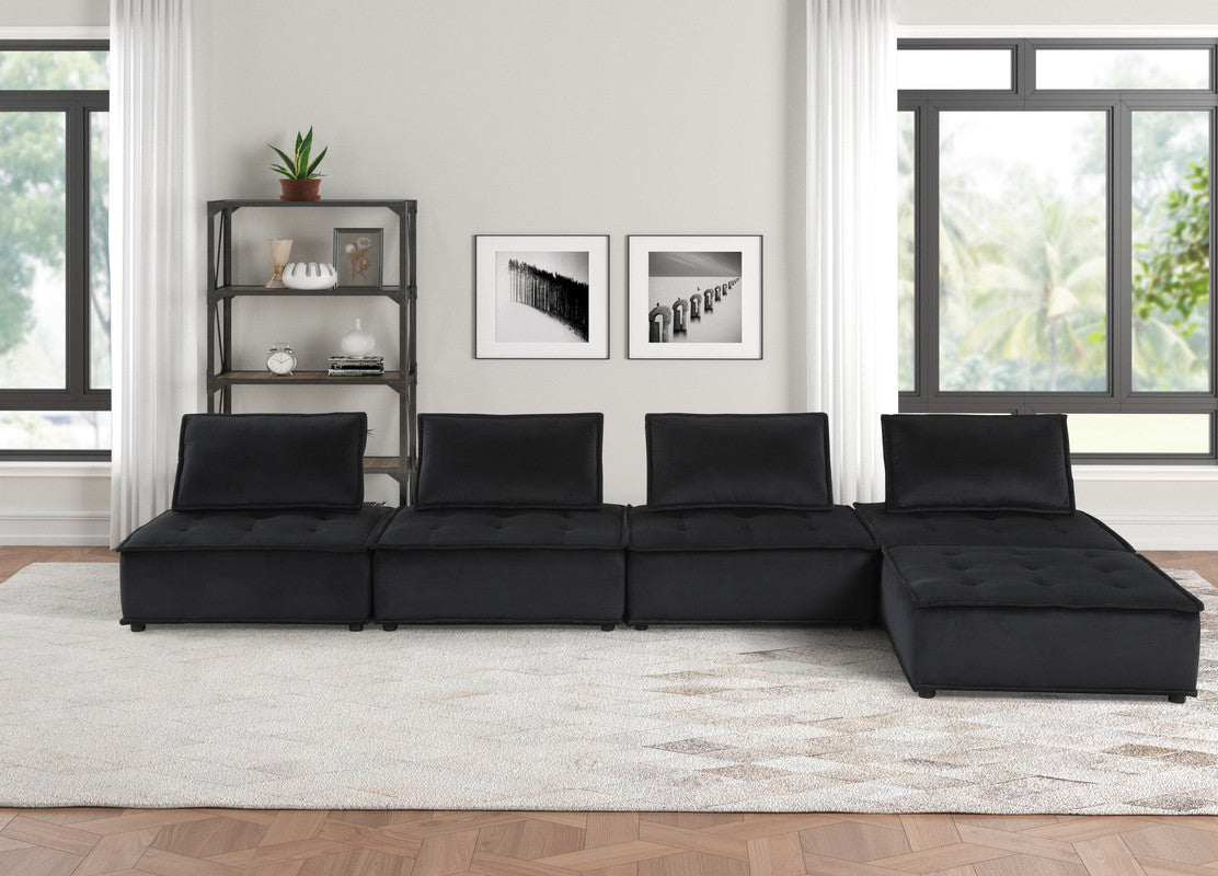 Aveline 120"W Black Velvet 5 Pc Sectional Sofa Ottoman