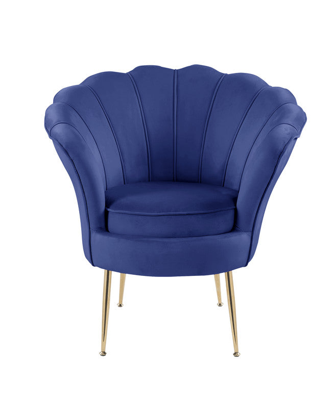 Angelica 34"W Blue Velvet Scalloped Back Barrel Accent Chair with Metal Legs