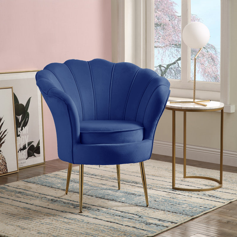 Angelica 34"W Blue Velvet Scalloped Back Barrel Accent Chair with Metal Legs