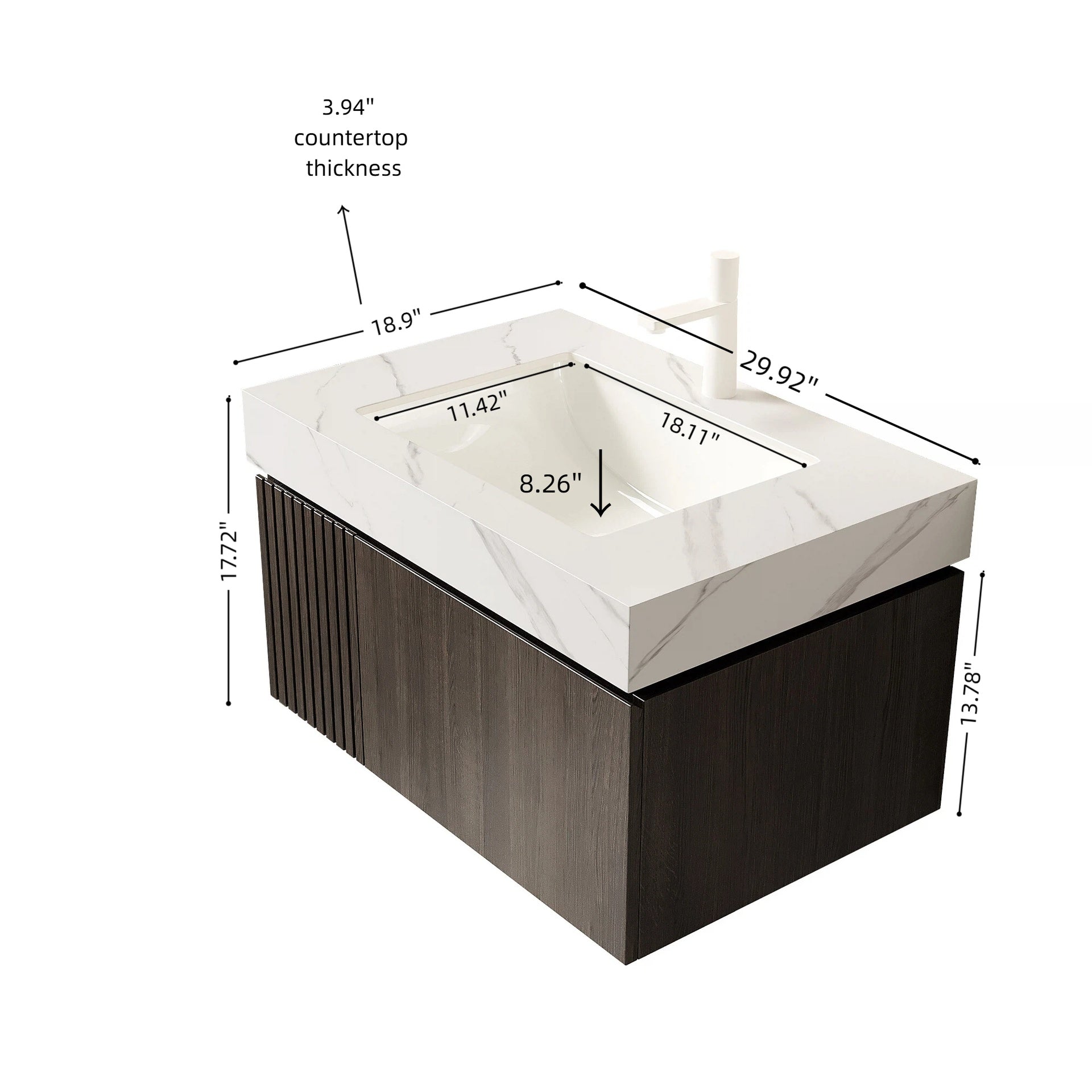 MURI 30" Bathroom Vanity&Sink, Floating Plywood Storage Cabinet with Drawer&Door, Carrara White Sintered Stone Top&Ceramic Basin with 1 Pre-drilled Faucet Hole, Pre-assembled, Espresso Woodgrain