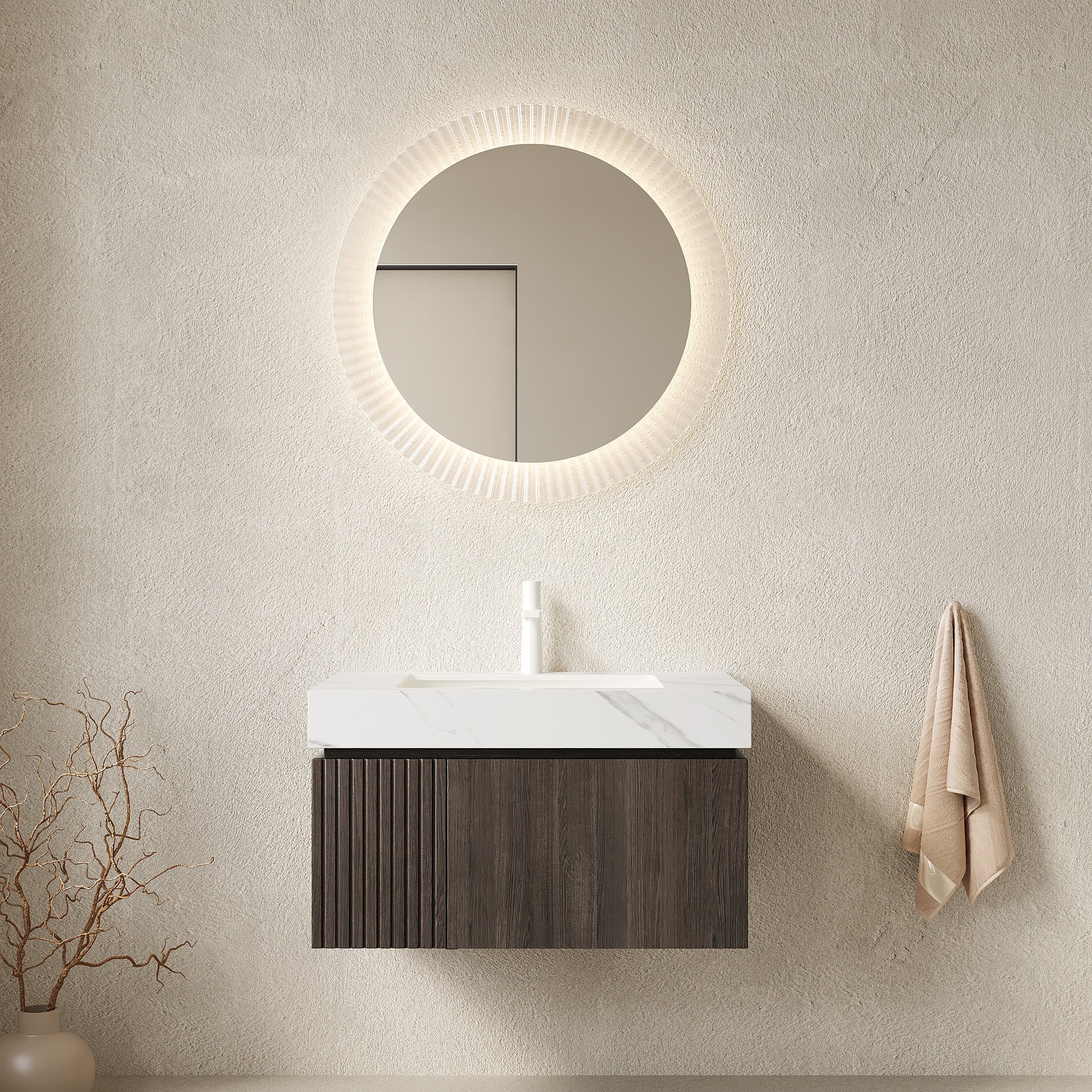 MURI 30" Bathroom Vanity&Sink, Floating Plywood Storage Cabinet with Drawer&Door, Carrara White Sintered Stone Top&Ceramic Basin with 1 Pre-drilled Faucet Hole, Pre-assembled, Espresso Woodgrain