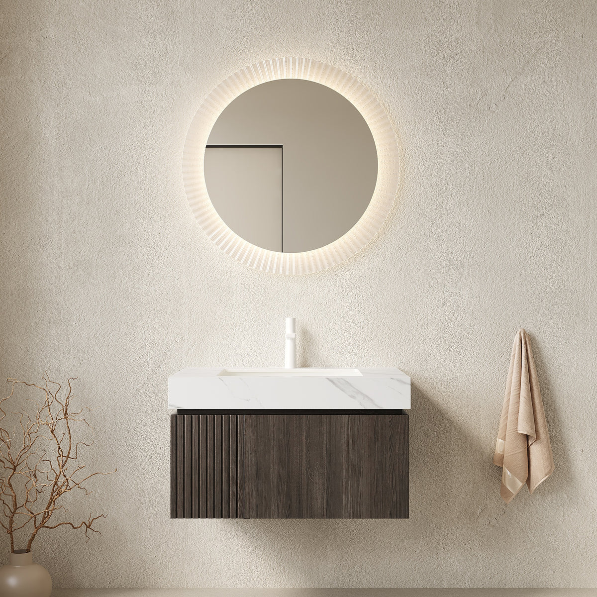 MURI 30" Bathroom Vanity&Sink, Floating Plywood Storage Cabinet with Drawer&Door, Carrara White Sintered Stone Top&Ceramic Basin with 1 Pre-drilled Faucet Hole, Pre-assembled, Espresso Woodgrain