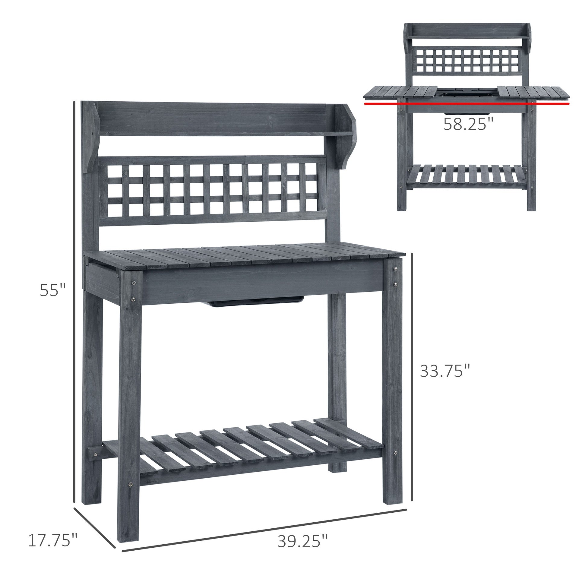 Wooden Workstation,Outdoor Potting Bench Table,with Sliding Tabletop,Storage Shelf and Dry Sink,for Greenhouse,Garden,Patio