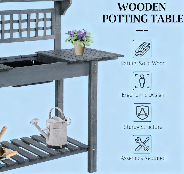 Wooden Workstation,Outdoor Potting Bench Table,with Sliding Tabletop,Storage Shelf and Dry Sink,for Greenhouse,Garden,Patio