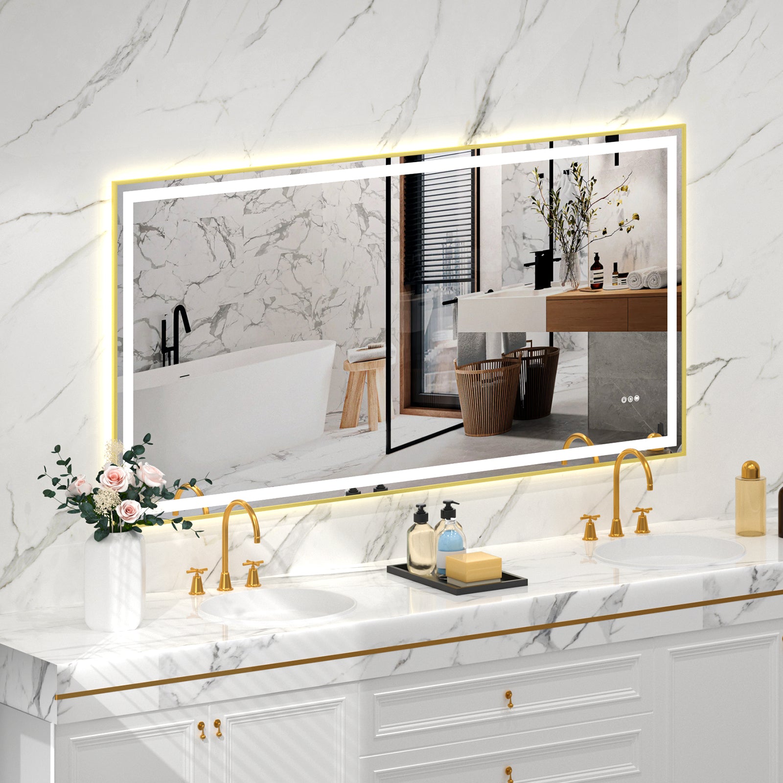 72x36" Gold Eco-Friendly Silver MirrorDual LED Light StripsFront and Back Lighting