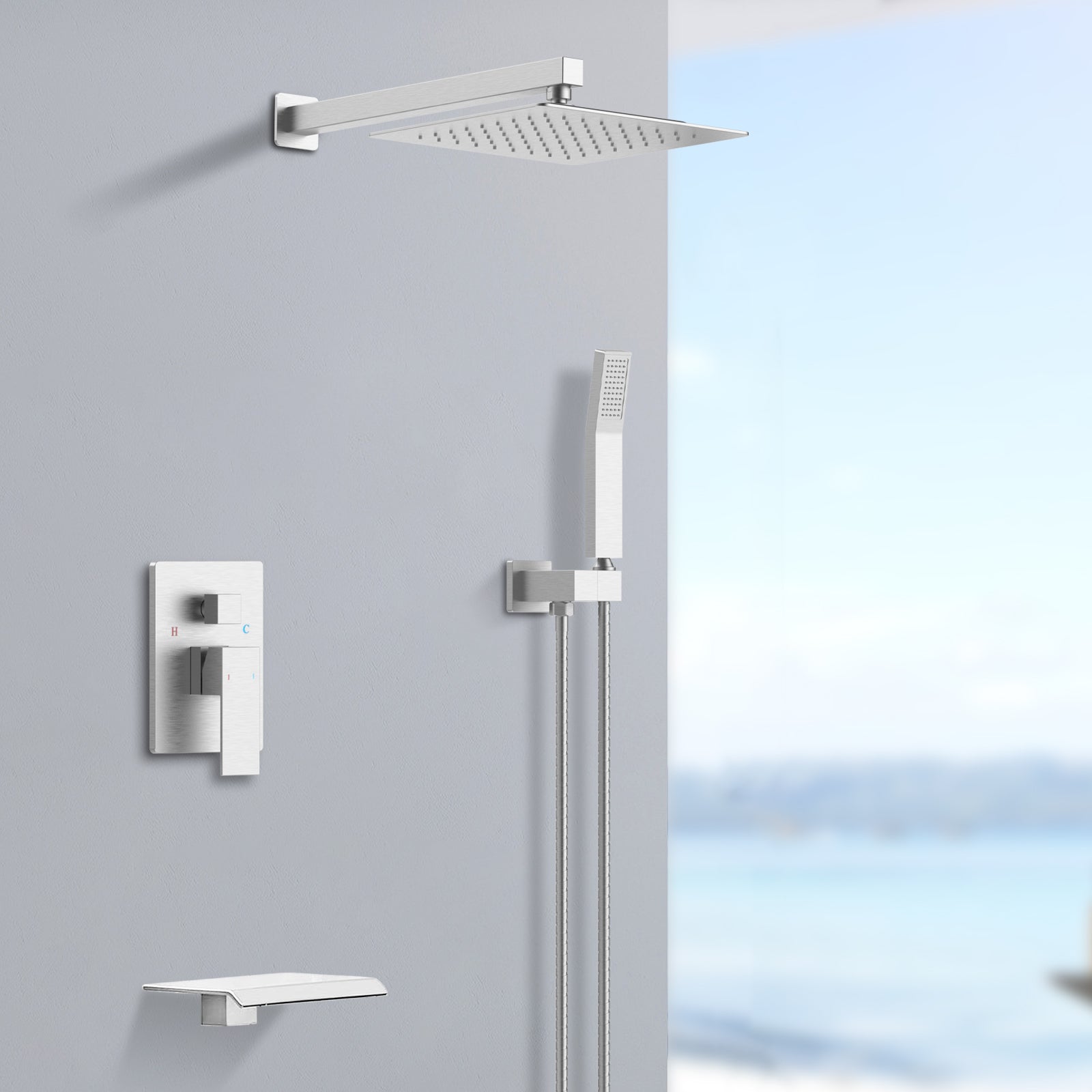 Rain Shower System Matte Black Tub Shower Faucet Set 10 Inch Square Rainfall Shower Head with Handheld Sprayer and Waterfall Tub Spout Pressure Balance Rough-in Valve Shower Mixer Combo