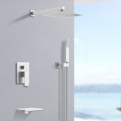 Rain Shower System Matte Black Tub Shower Faucet Set 10 Inch Square Rainfall Shower Head with Handheld Sprayer and Waterfall Tub Spout Pressure Balance Rough-in Valve Shower Mixer Combo