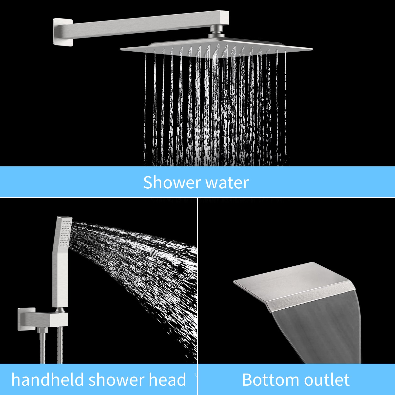 Rain Shower System Matte Black Tub Shower Faucet Set 10 Inch Square Rainfall Shower Head with Handheld Sprayer and Waterfall Tub Spout Pressure Balance Rough-in Valve Shower Mixer Combo